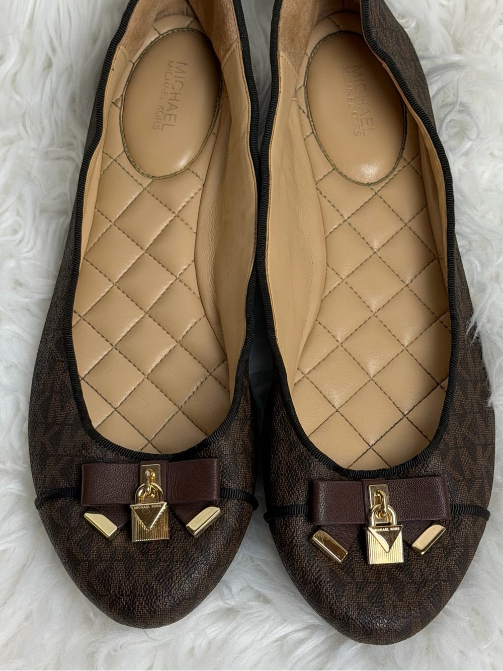 Michael Kors Brown Logo Ballet Flats with Gold Bow Accent